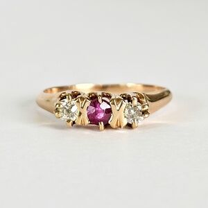 Vintage Ruby & Diamond XO Ring – 15K Yellow Gold – Dainty Stacking Ring